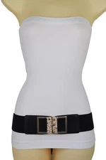 Women Wide Black Elastic Band Belt Gold Metal Skulls Buckle Adjustable Size S M