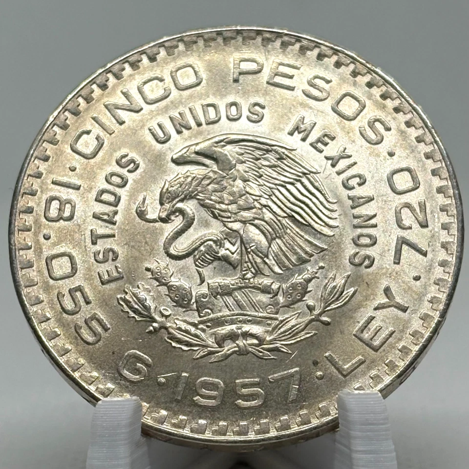 1957 Mexico 5 Pesos 72% Silver Coin Constitution – Low Mintage 200K - Image 4 of 4