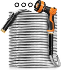 50ft 304 Stainless Steel Garden Hose Metal, Heavy Duty Water Pipe with Nozzle