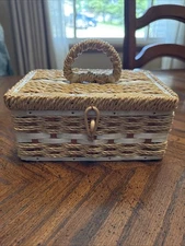 Vintage SINGER Sewing Basket Small Wicker Box Made in Japan Yellow