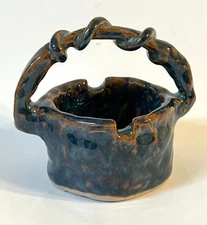 Handmade Studio Art Pottery Ceramic Blue Brown Ashtray Trinket Dish with Handle