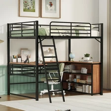 [New]Full Size Metal Loft Bed w/3 Layers of Shelves and L-shaped Desk，Black