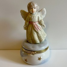 Vintage Angel Tooth Fairy Porcelain Gold Hinged Trinket Jewelry Box 5 Tall