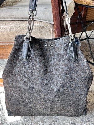 Coach Madison Leopard Ocelot Chenille Fabric Leather Trim North/South Tote