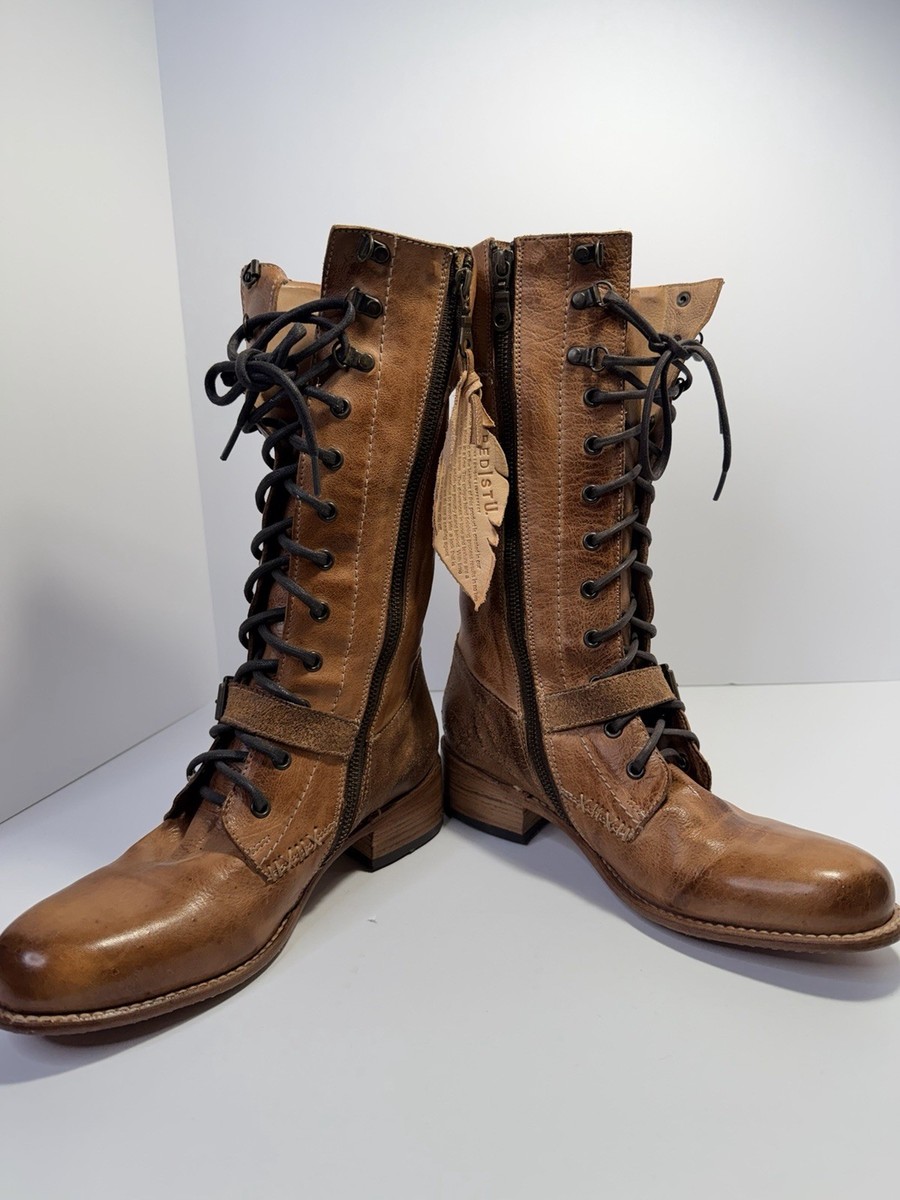 BED|STU Brown Leather Lace-Up Zip Buckle Mid-Calf Combat  display picture 2