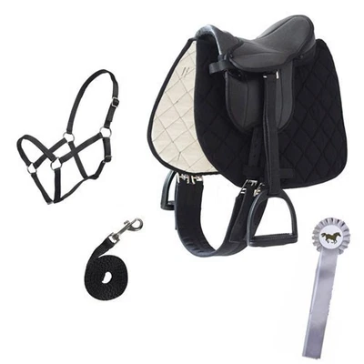 HKM Holzpferde Sattel mit Halfter Set und Siegerschleife für Holzpferd bis 145cm