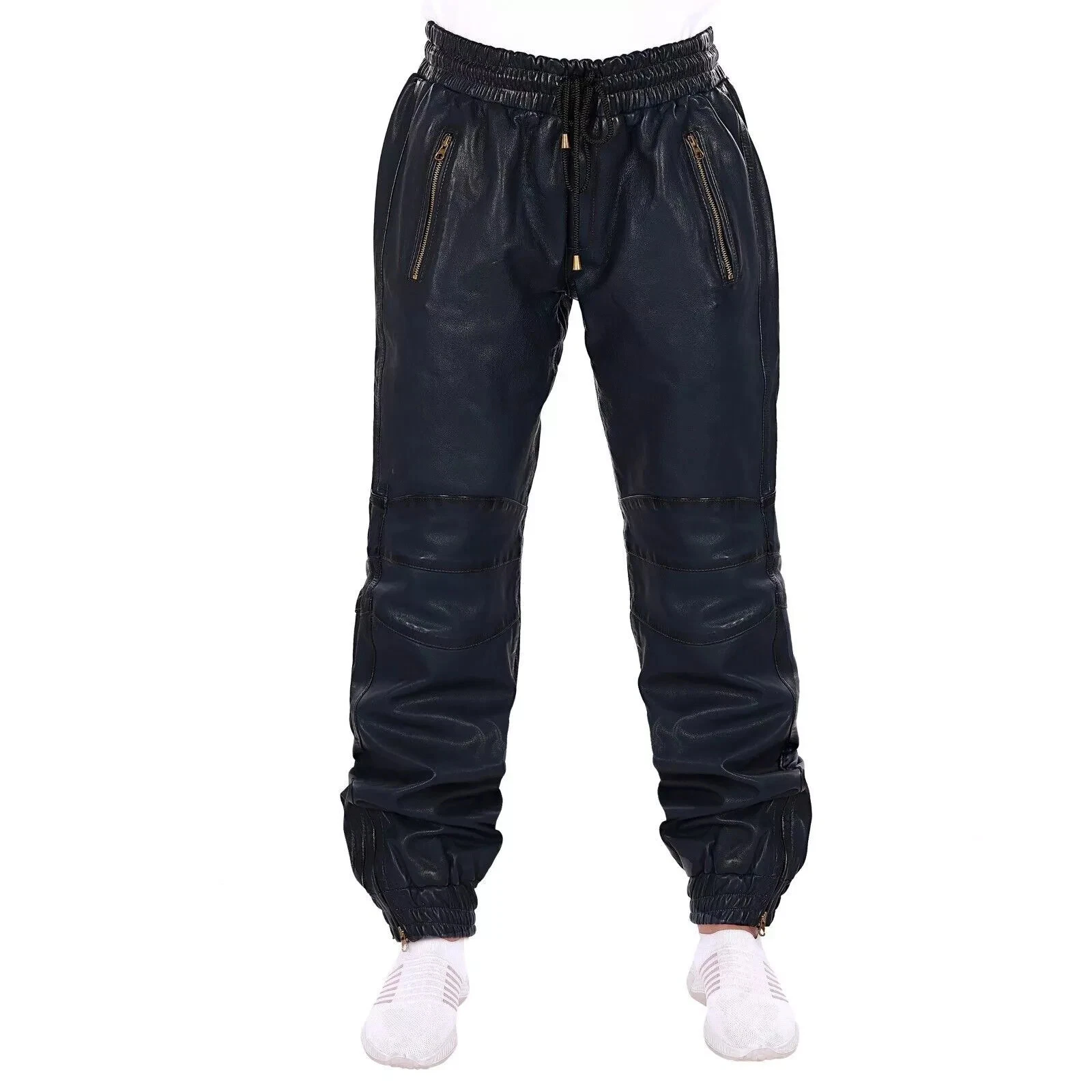 Men's Leather Joggers with Pocket Genuine Black Trousers With Elastic Waist
