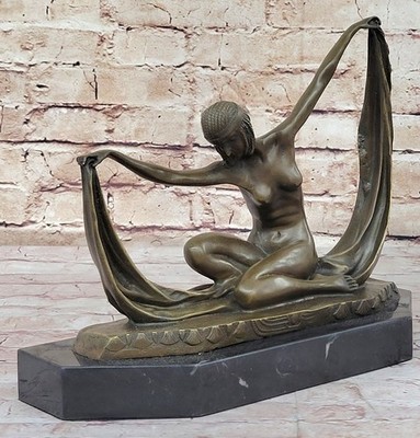 SCARF DANCER PURE BRONZE ART DECO DANCER SIGNED MIRVAL SCULPTURE STATUE NUDE NR