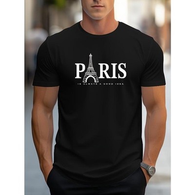 Men's Paris Eiffel Tower Graphic Tee - Casual Crew Neck Short Sleeve T-Shirt