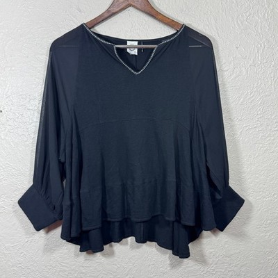 Akemi + Kin Anthropologie Top XS Fenn Black Boho Sheer Babydoll Peasant OB553735