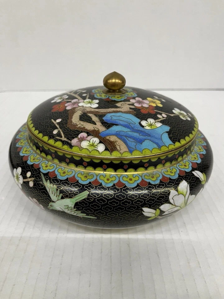 "Cuenco cubierto vintage Beijing Cloisonne plato de latón de 7""" Foto 2 de 4