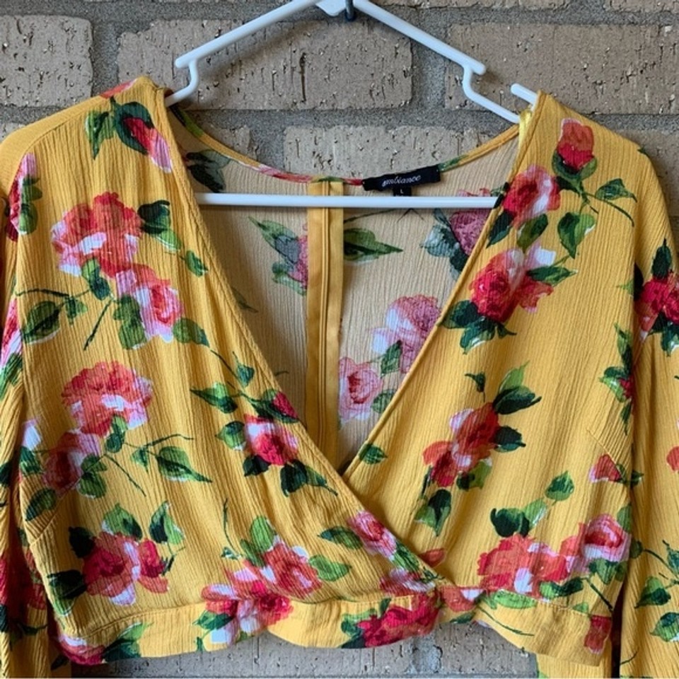 Ambience Yellow Floral Crop Top Flare Sleeves Wrap V Front Zipper