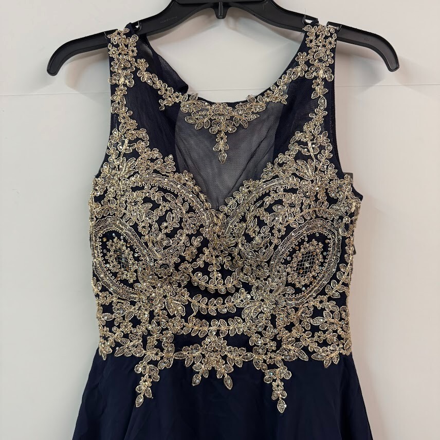 Xscape Womens 2 Navy Blue Gold Embellished Sleeveless Knee Length Dress NWT AA60 | eBay Xscape Womens 2 Navy Blue Gold Embellished Sleeveless Knee Length Dress NWT AA60 | eBay
