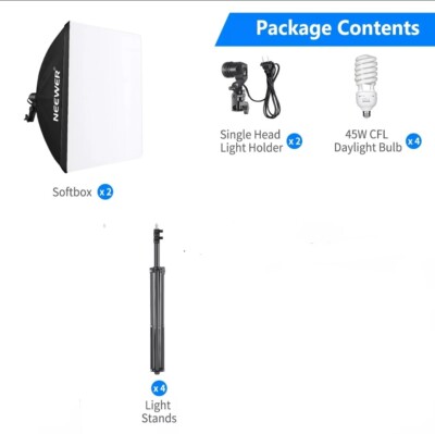 Neewer Photography Lighting Kit - 4 Stands, 2 Soft Boxes, 2 Lights, 4 Bulbs Open