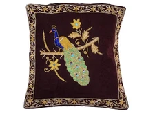 Dark Brown Peacock Dabka Work Embroidered Pillow Cover Couch Sofa Throw Cushion