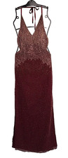 Scala Form Fitting Maroon Beaded Silk Formal Prom Dress Size Large Halter