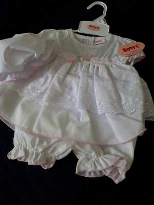 Baby C Sommerkleid/Höschen & Hut Weiß Gr. 62 68  England NEU