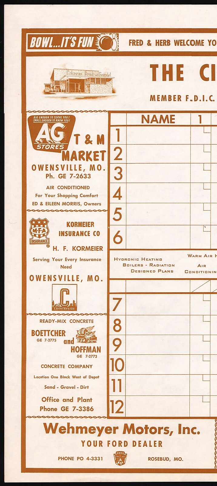 Vintage bowling score sheet FORD CONOCO MFA IGA AG Owensville Missouri