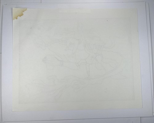 Surrealist Pencil Drawing Man Riding Flying Dinosaur Dragon Holding Cup 16x20” - Picture 14 of 14
