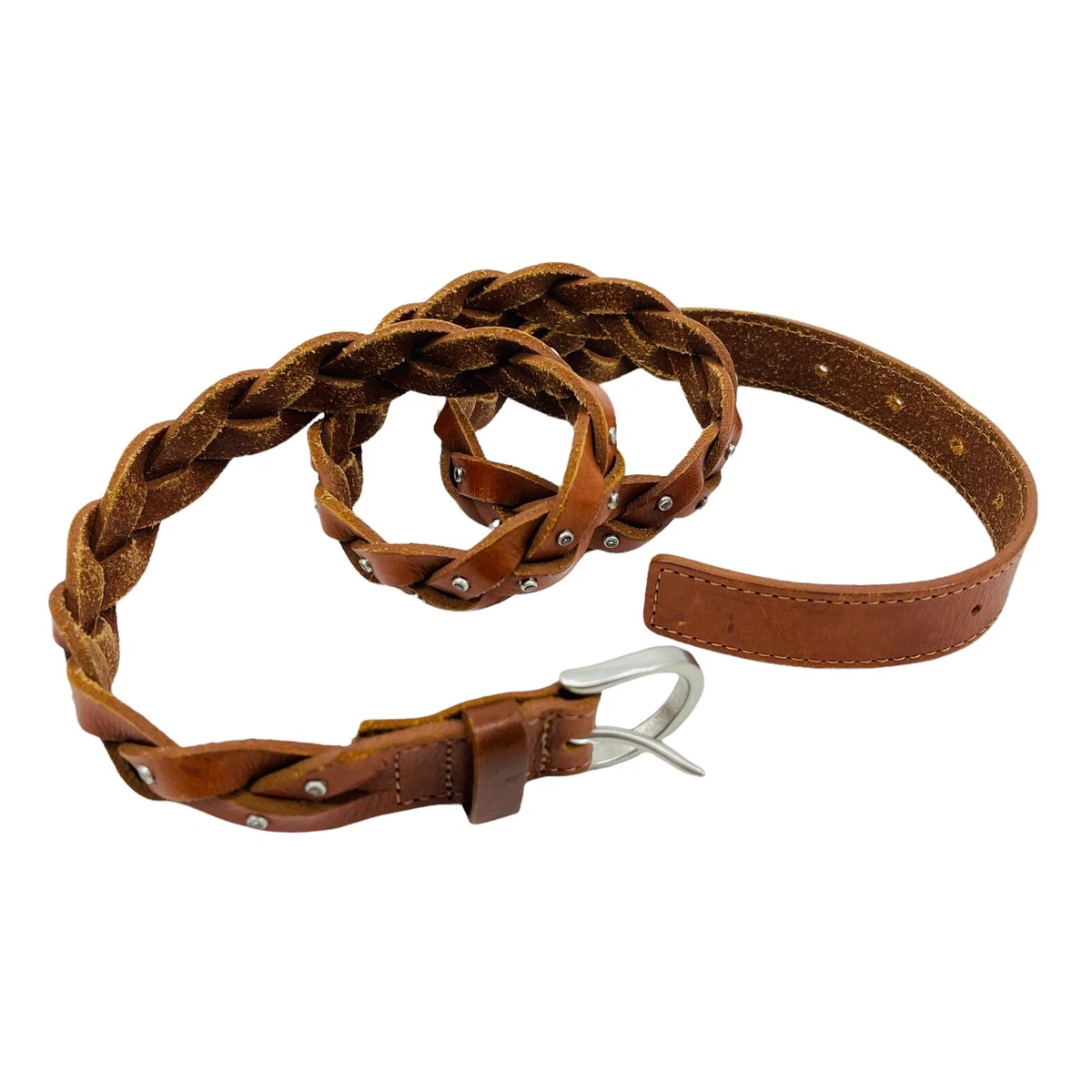 Gap Leather Braided Studded Skinny Belt Brown Cow Hide Womens 42