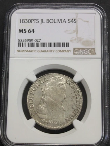 1830 BOLIVIA 4 SOLES NGC MS64 POTOSI SILVER VERY SCARCE IN THIS CONDITION