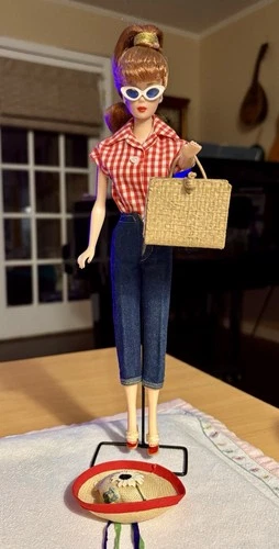Vintage Barbie #967 PICNIC SET Jeans Red Gingham Top, Hat, Basket, Wedges