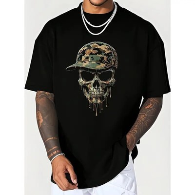 Camo Skull Print T-Shirt for Men - Black Camouflage Skull Graphic Tee, Unisex Ca