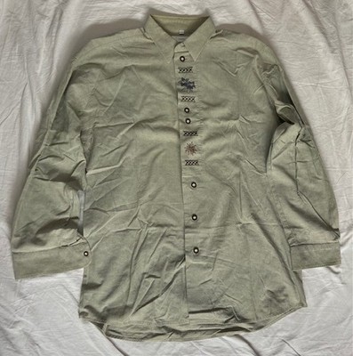 C&A Canda Herren Trachtenhemd L hellgrün Stickerei Baumwolle Vintage