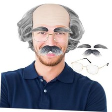 Old Man Bald Cap,Short Grey Bald Cap with Side Hair,Grandpa Wig with Glasses