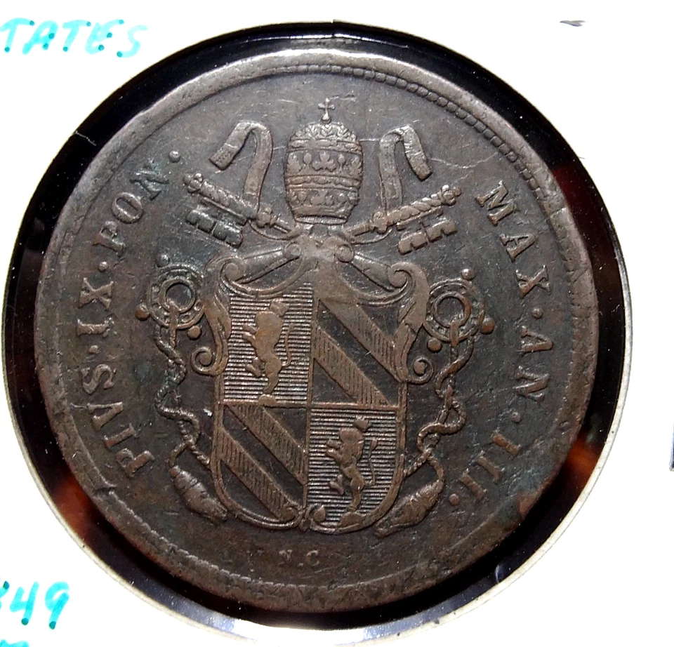 1849 B PAPAL STATES 2 Baiocchi World Italian Bronze Coin - Image 2 of 3