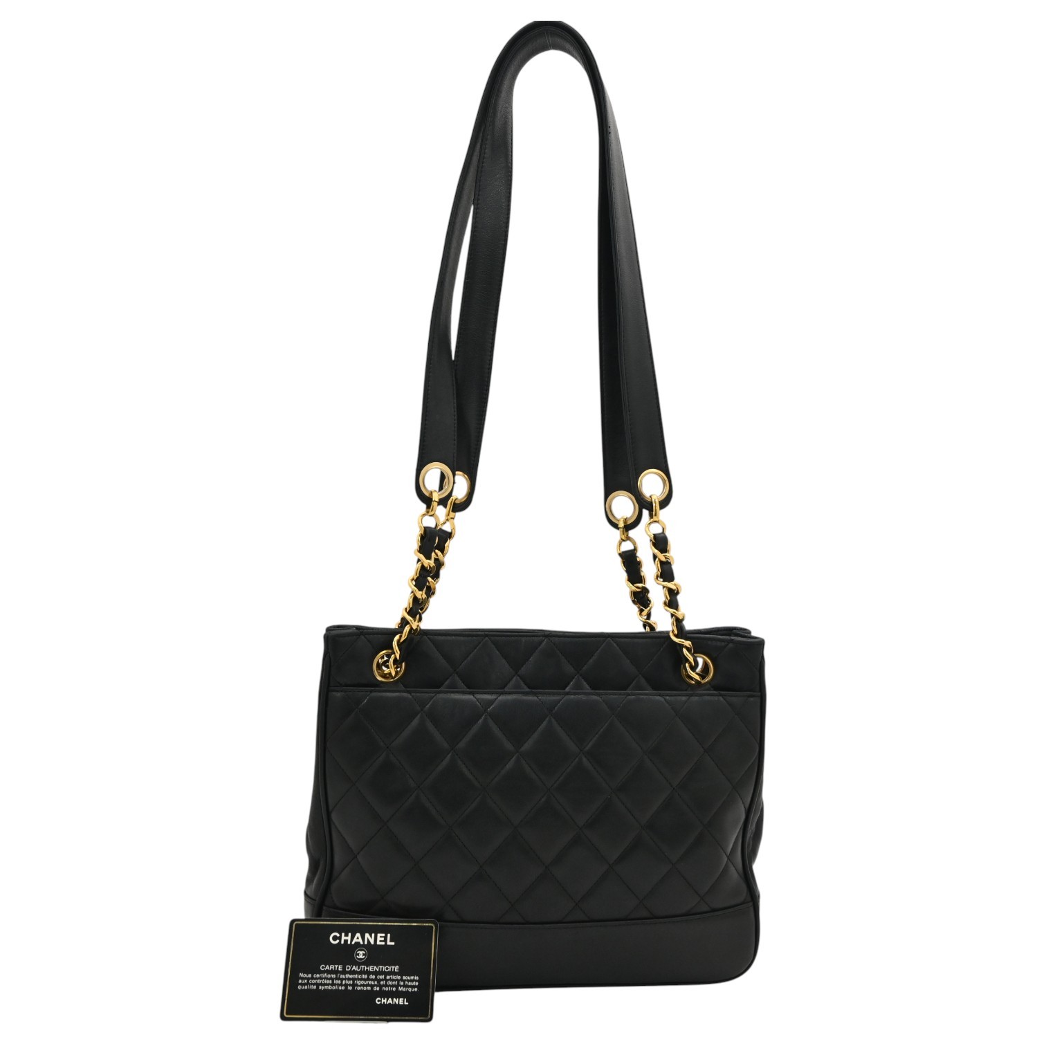 Auth CHANEL Matelasse Lambskin Chain Tote Shoulder Bag Black Gold Hardware c...