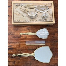 Lady Fair Vintage Gold Tone Vanity Set Comb Brush and Mirror Set Hollywood Box