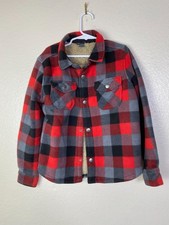 Eddie Bauer Buffalo Plaid Fleece Jacket Kids 6/7 Red Black Faux Sherpa Lining
