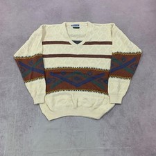 Vintage Knitted Jumper abstract patterned v-neck grandad knit sweater Men's L