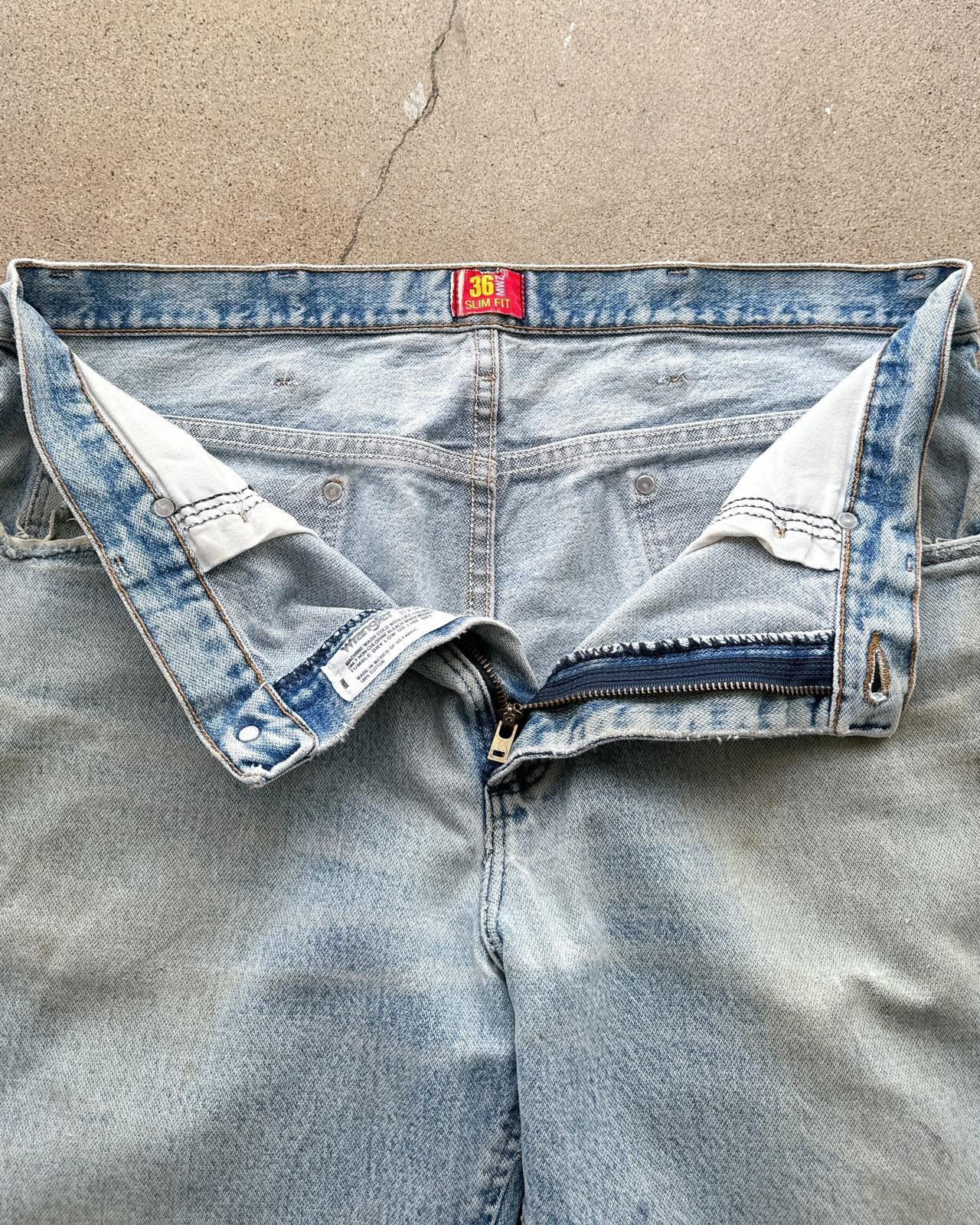 Vintage 90s Wrangler 36 MWZ Jeans Straight Leg Men's 34 Light Wash Distressed image 3