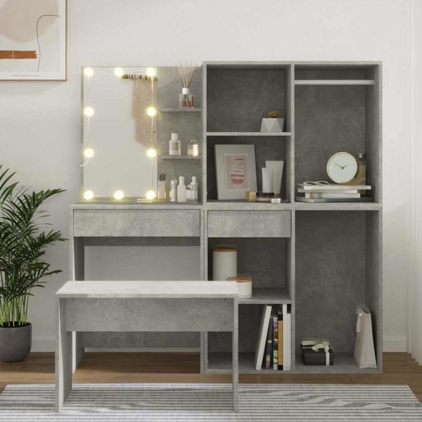 Schminktisch-Set Mit Led Betongrau Holzwerkstoff-image