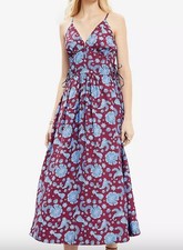 Loft Floral Side Tie Midi Pocket Dress Stretch Bodice Red Blue Women’s Size 10