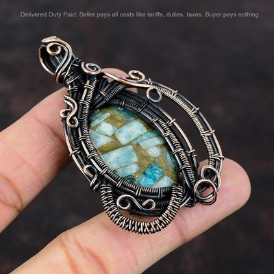 Copper Amazonite Gemstone Copper Mother Boho Wire Wrapped Trendy Pendant Jewelry