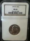 1953-D 25C Silver Washington Quarter - NGC MS66