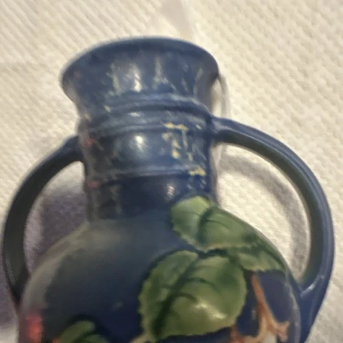 Roseville Ceramic Vase Blue Green Art Pottery Floral Double Handle
