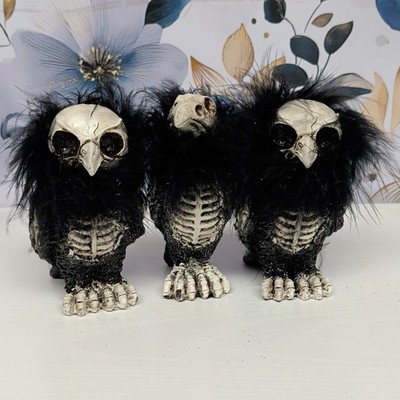 Set of 3 Black Skeleton Owl Figurines with Feather Collar Trim