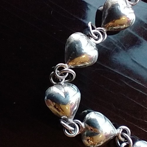 925 Marked Sterling Silver Puffy Heart Charm Tennis Bracelet 7 in Vintage CUTE! - Picture 3 of 4