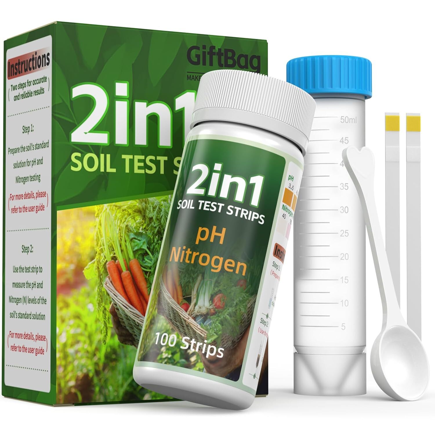 2-In-1 Soil Test Kit for pH & Nitrogen + Sampling Spoon & Centrifuge Tube