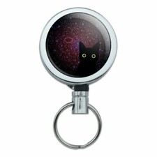 Black Cat in Space with Stars Galaxy Retractable Belt Clip Badge Key Holder