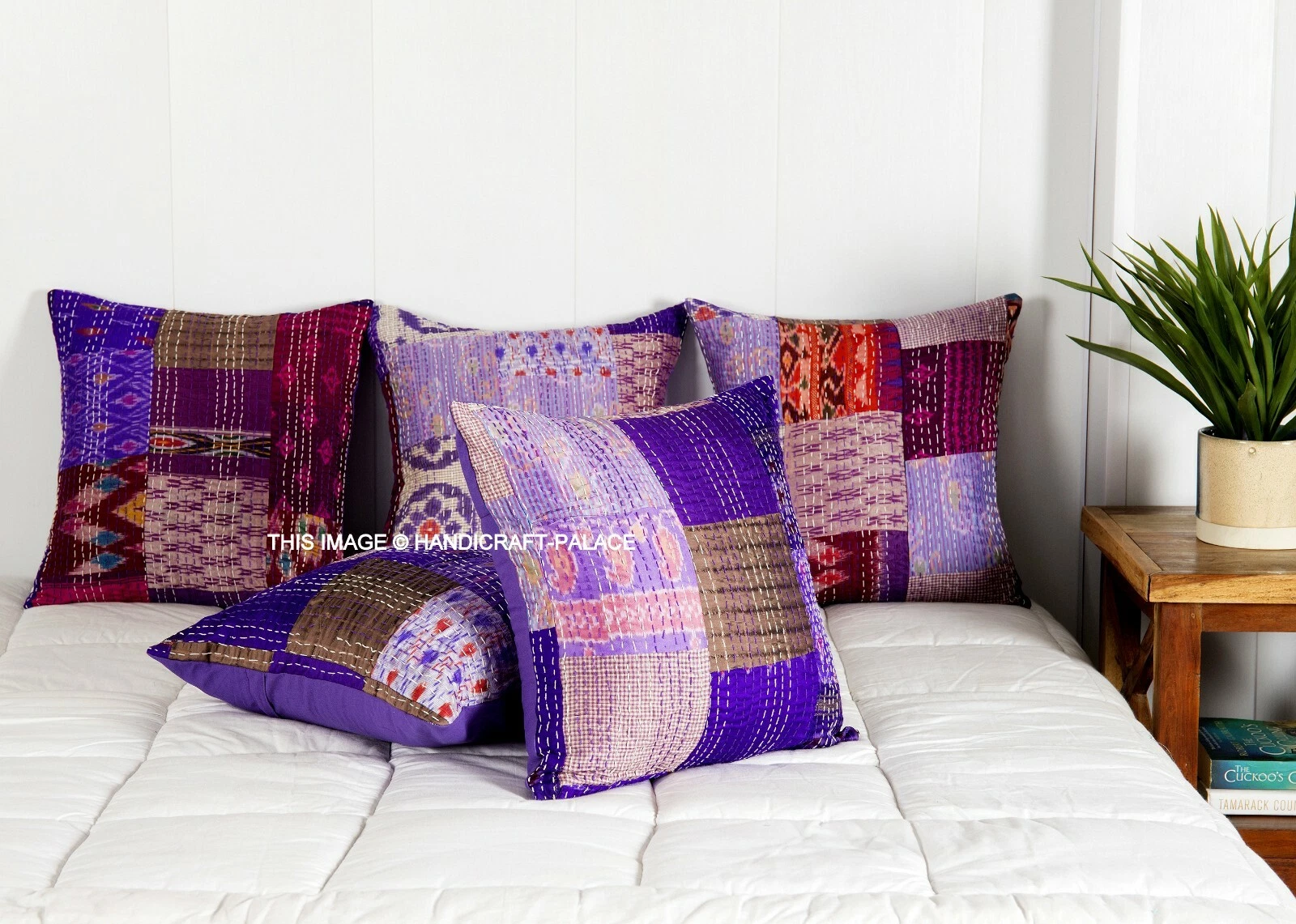 Decorative Throw Pillow Indien Patchwork Kantha Cushion Cover Silk Purple Patola