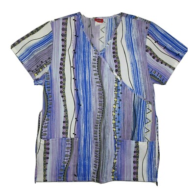 Denice Scrub Top Purple Print Stripe Size S Medical Nurse Caregiver Veterinarian
