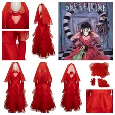 Kids Beetle juice 2 Lydia bride Cosplay Deluxe Red wedding dressveil+Gloves Sets