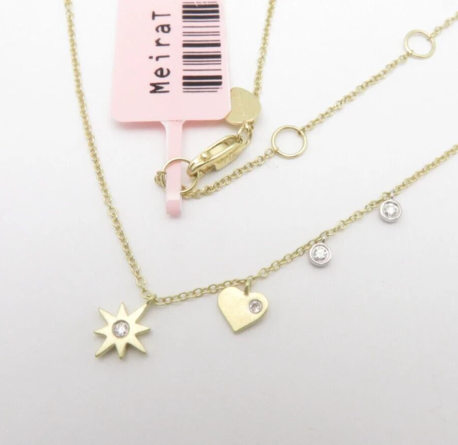 14K SOLID YELLOW WHITE GOLD NATURAL DIAMOND DANGLE DROP NECKLACE MeiraT  Dainty - Image 2 of 4