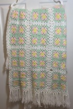 Vintage Handmade Crochet Granny Square Afghan Throw Blanket Pastel Floral Fringe