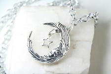 Moon Charm Moon Face Star Pewter Rhodium Chain 18" Pendant necklace Celestial